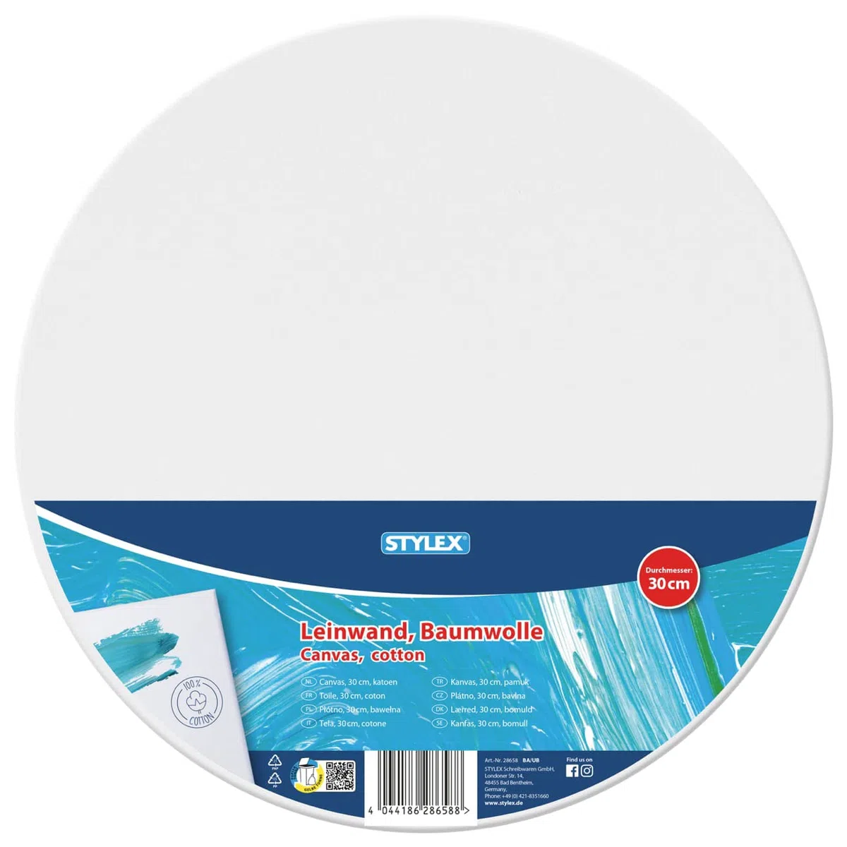 Stylex 28658-P6 – Telaio rotondo diametro 30 cm, rivestito con tela in 100% cotone, innescato, rilegato sul retro, per colori ad olio, acrilico e tempera, pittura a guazzo, 6 pezzi