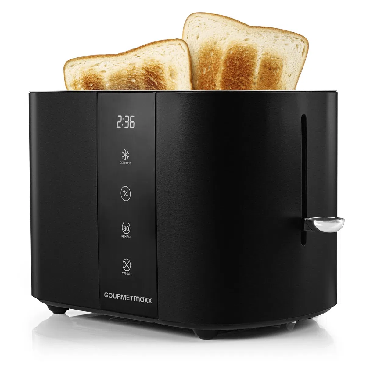 GOURMETmaxx Tostapane con fessura corta per 2 fette | Tostapane nero con 6 gradi di doratura e conto alla rovescia pronto a 2 eat | Utensile da cucina elettrico con display touch, inserto per panini e