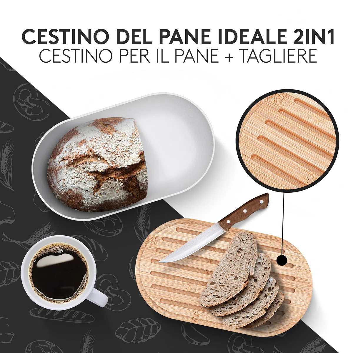 Vezato Scatola Cestino del pane - sostenibile per una lunga freschezza - extra large con coperchio di bambù e tagliere - con sacchetto