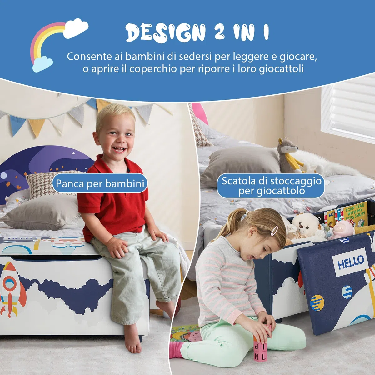 GYMAX Cassapanca per Bambini 2 in 1, Carico 150 kg, con Coperchio Rimovibile, Panca Portaoggetti con Fessure Antipizzicamento, Cinghia di Trazione e Struttura Stabile 75x36x38 CM (Blu e Bianco)