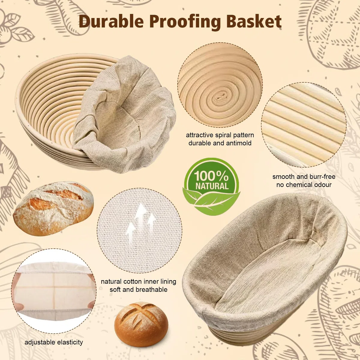 Kit di Banneton per Pane, 17 Pezzi Kit Pane A Lievitazione con Cesto Rotondo Ovale, Mixer, Coltello da Pane, Kit Panetteria per Principianti e Panettieri