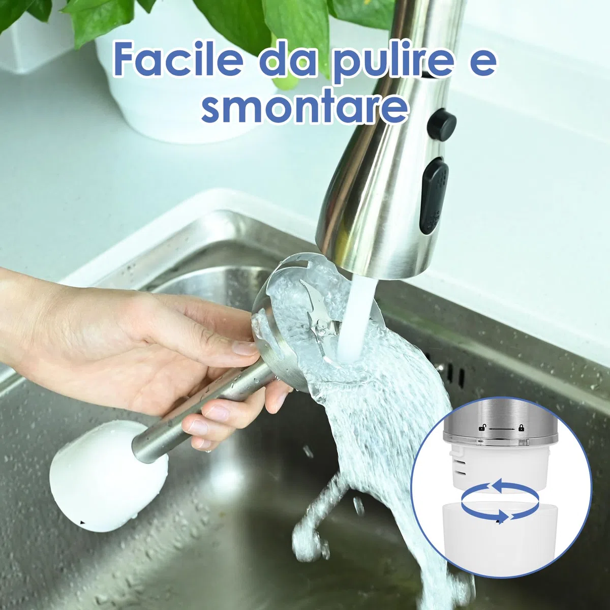 Frullatore a Immersione Multifunzione 4 in 1, 1000 W minipimer professionale,con 30 Velocità e Modalità Turbo, con Frusta, Antispruzzo Design,Tritatutto da 500 ml e Misurino da 600 ml
