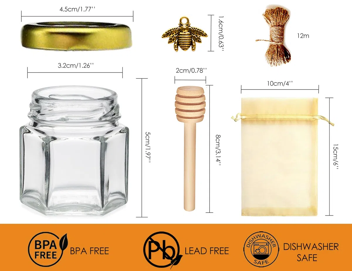 Vasetti Miele, Piccoli Barattoli Bomboniere Ber la Comunione, Contenitori per Miele Bomboniere, Barattolini Miele Sacchetti Organza per Natale Battesimo, 20 Pezzi 45ml