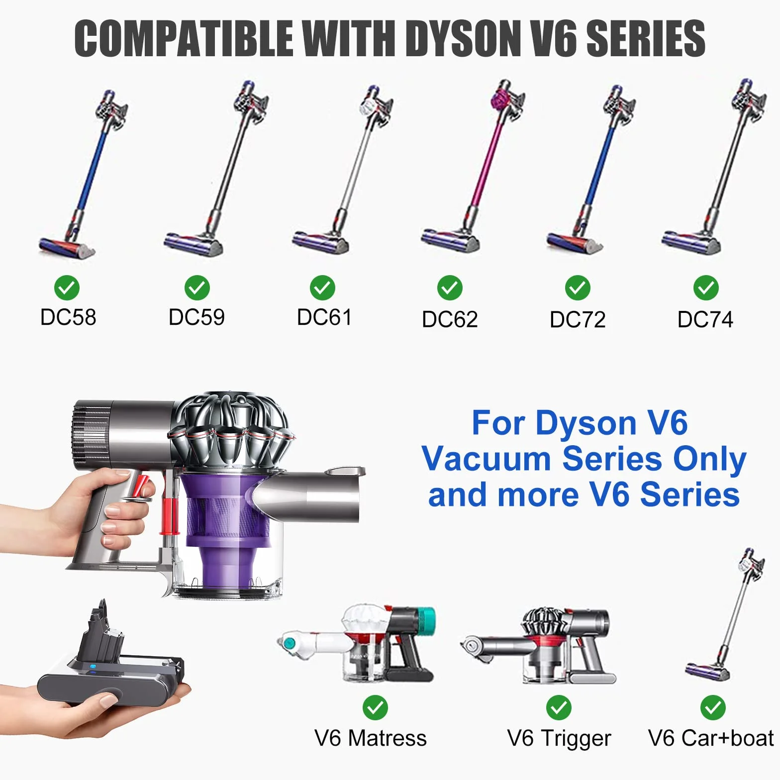 6000mAh V6 Batteria per Dyson V6, Batteria di Ricambio per Dyson DC62 DC58 DC59 DC61 DC72 DC74 Extra, Trigger, Fluffy, Absolute SV03 SV05 SV06 SV07 SV092（2 filtri + 1 pennello）