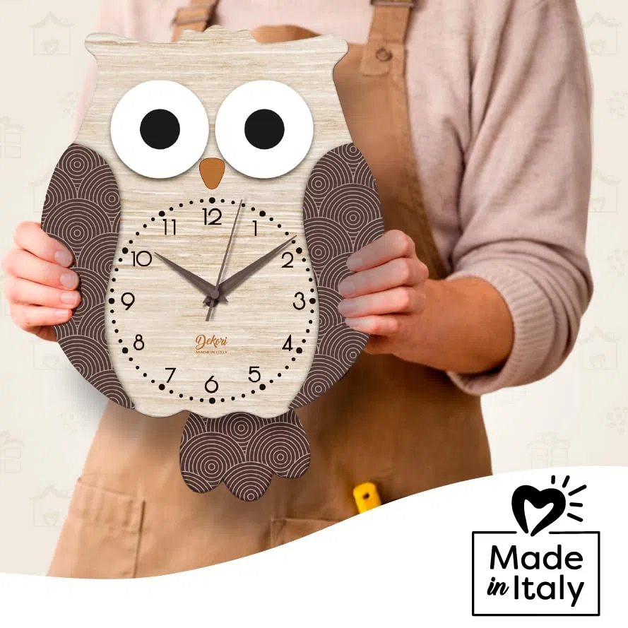 DEKORI – Orologio da Parete a Pendolo Gufo in Legno, Design Decorativo Moderno, Silenzioso, 25x34 cm