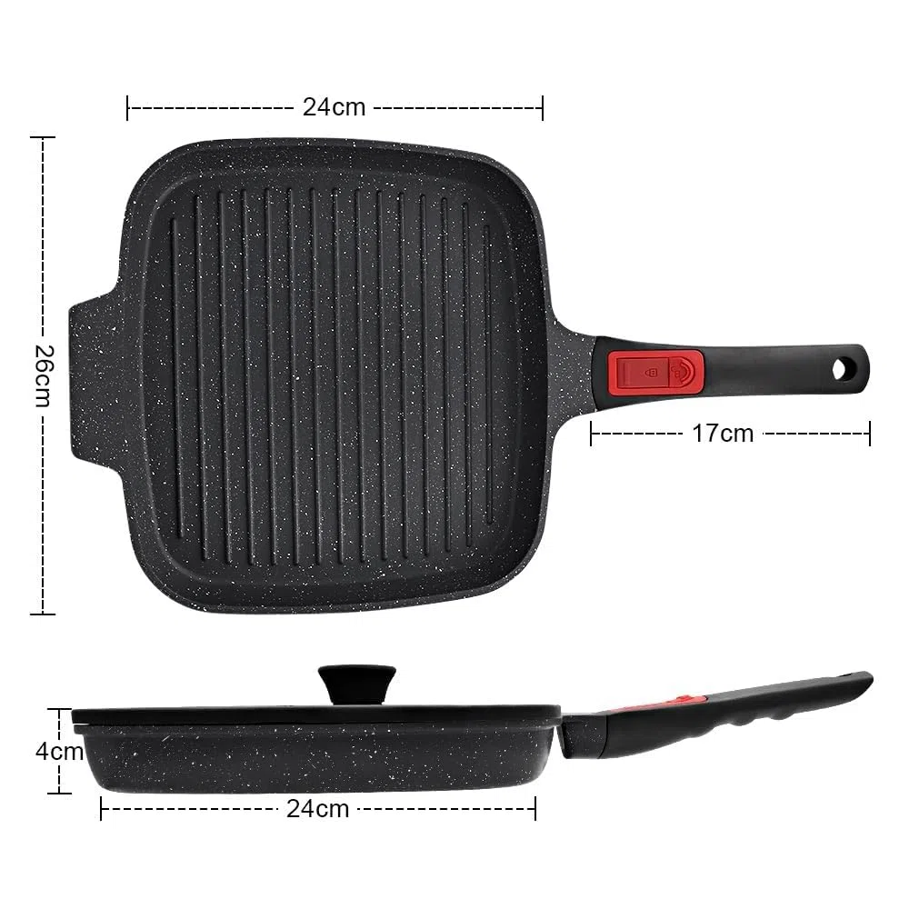 RANX INGST Bistecchiera Antiaderente con Maniglia Rimovibile, Padella Griglia con Coperchio, Pietra 26 x 24 cm Quadrata per Induzione, Alluminio pressofuso - Nero