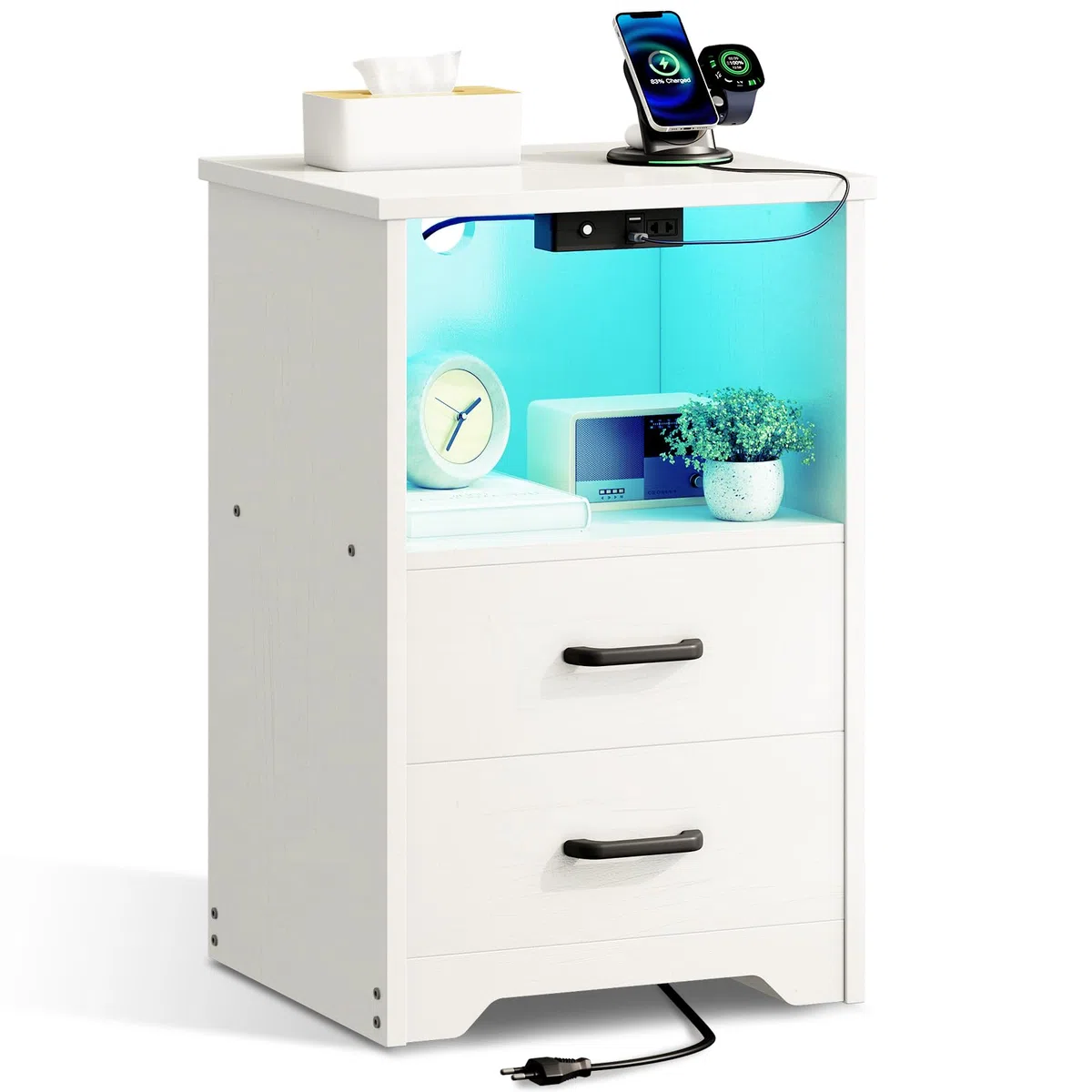 Coleshome Comodino Camera da Letto, Comodini con 2 Prese e 2 porte USB, con LED a 10 Colori, Comodino Bianco con 2 Cassetti in Legno e uno Spazio di Archiviazione, 1 Confezione