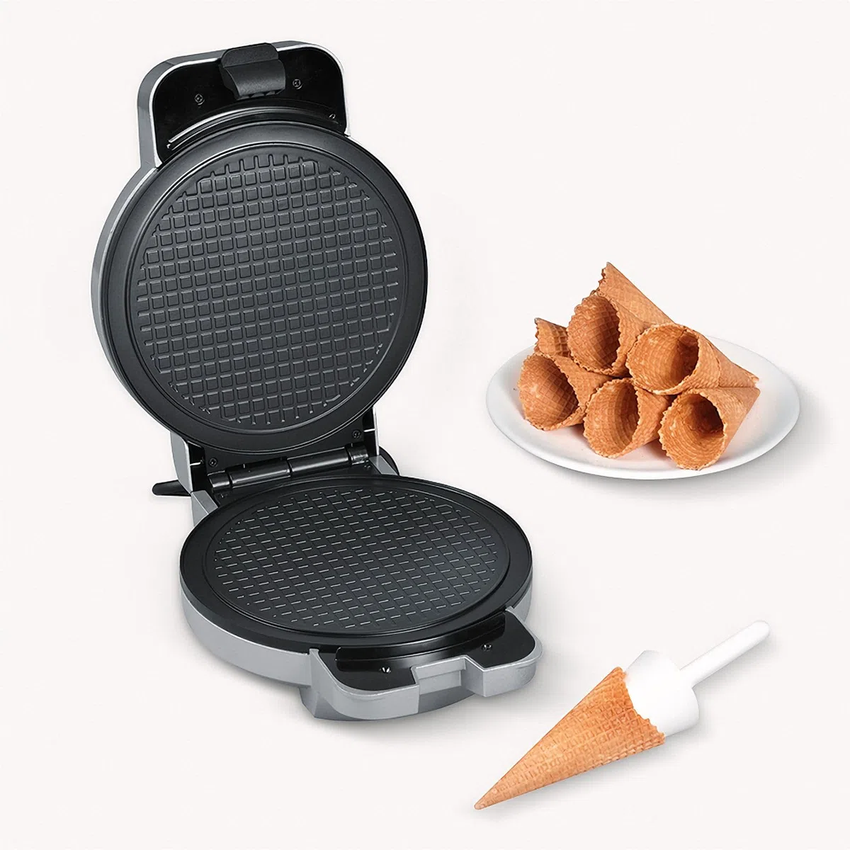 SEVERIN Cialdiera Per Coni E Per Cialde, Realizza Croccanti Coni Gelato E Fragranti Cialde In Pochissimo Tempo, Regolatore Di Temperatura, Accessorio Per Formare I Coni, Potenza 850W HA 2082