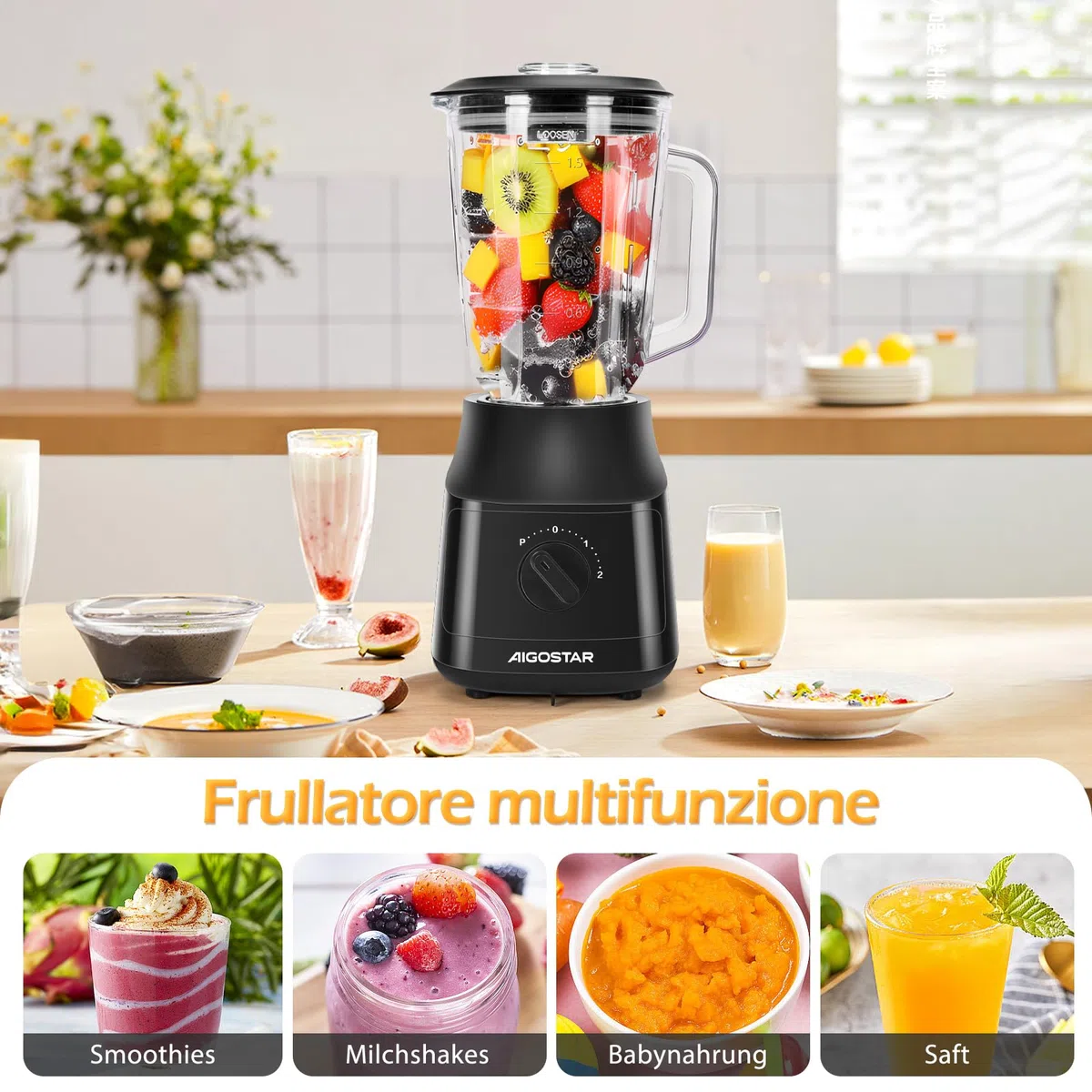 Aigostar Frullatore Elettrico, Frullatore da Tavolo con 1.5L Vaso in Vetro Termoresistente, 4 Lame con Rivestimento in Titanio, 800W, 2 Velocità e Funzione Pulse, per Frullati e Purea，Swift.