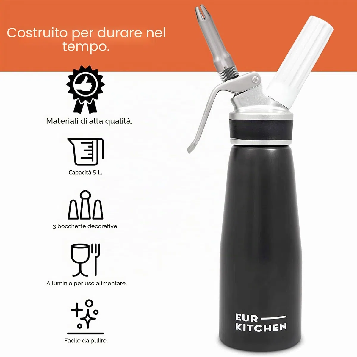 EurKitchen Sifone da Cucina per Panna Montata in Alluminio - Sifone Panna Professionale Anti Perdite - con 3 Punte Decorative e Spazzola per Pulizia - Montapanna da 500 ml - Cartucce N2O Non Incluse