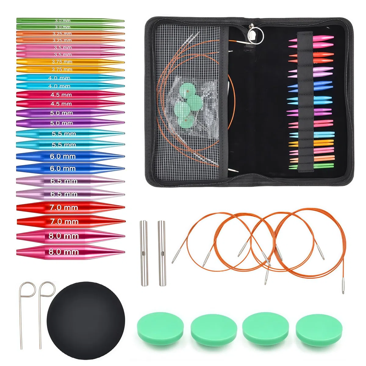Tiiyee Ferri Circolari Intercambiabili, Set Mini Ferri da Maglia 5 cm Alluminio, 12 Misure 3–8 mm 4 Cavi 15–55 cm con Connettori, Kit per Maglieria Calze Sciarpe Cappelli Progetti Portatili da Viaggio