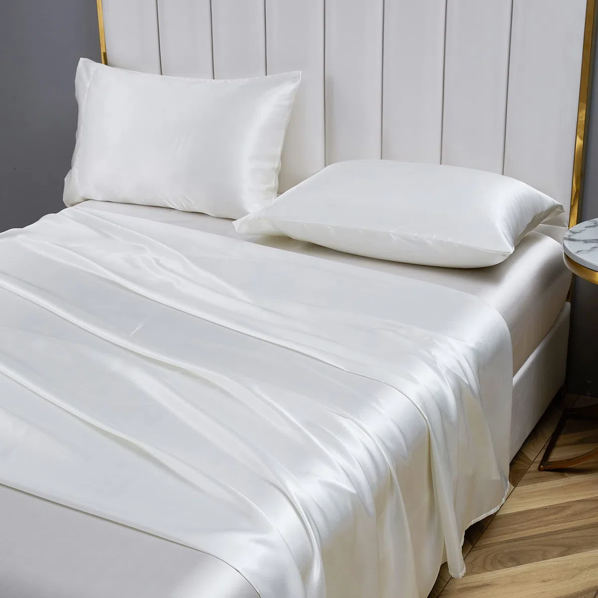 Jemiipee Completo Lenzuola Raso Singolo Tinta Unita 90x190x36 cm - Lenzuola Sotto con Angoli, Lenzuolo Sopra, 1 Federa - Biancheria da Letto Satin 3 Pezzi - Avorio