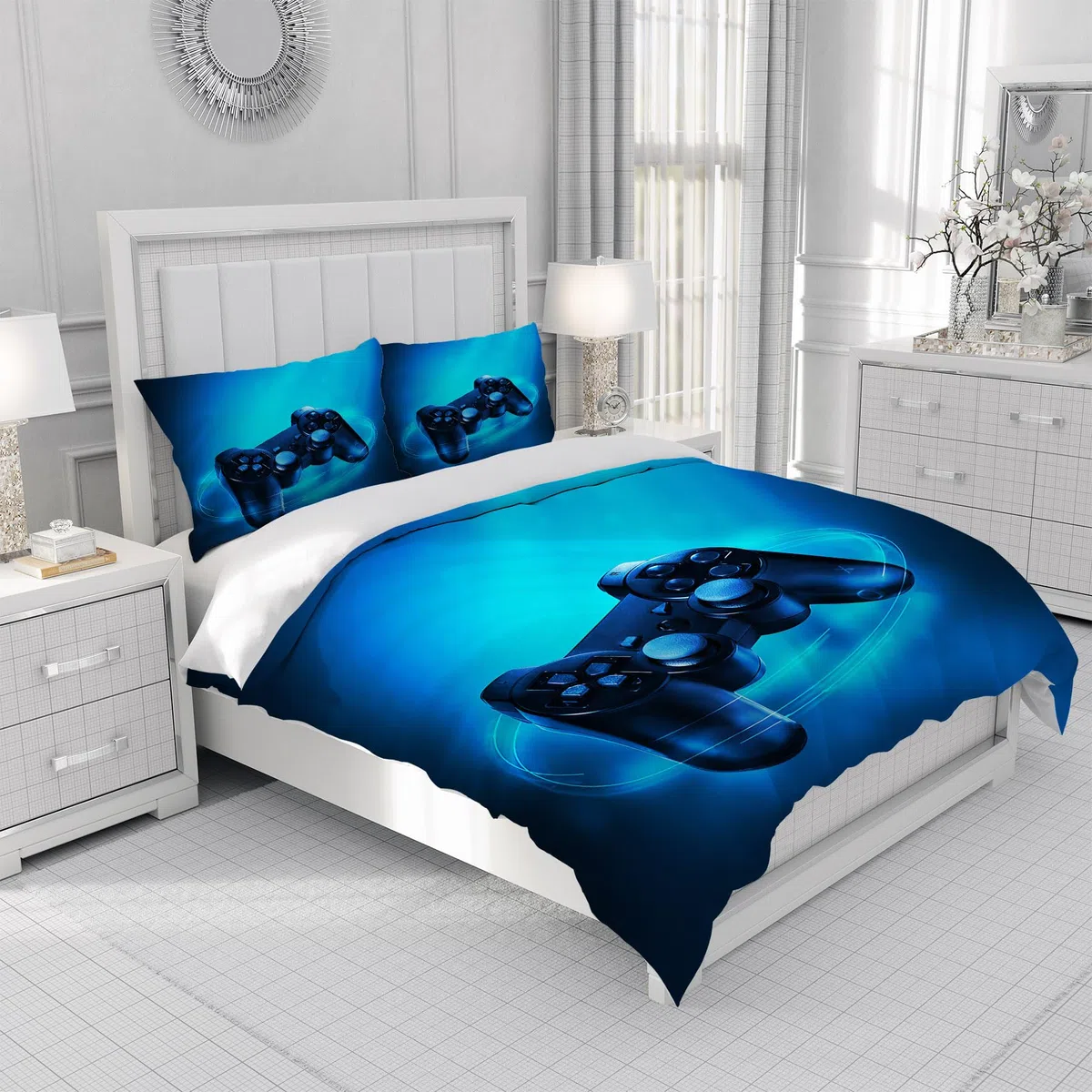 Set di Biancheria da Letto Gamepad 135x200 cm,Set di Copripiumini da Gioco Stampati in 3D,1 Copripiumino e 2 Federe 50×75 cm