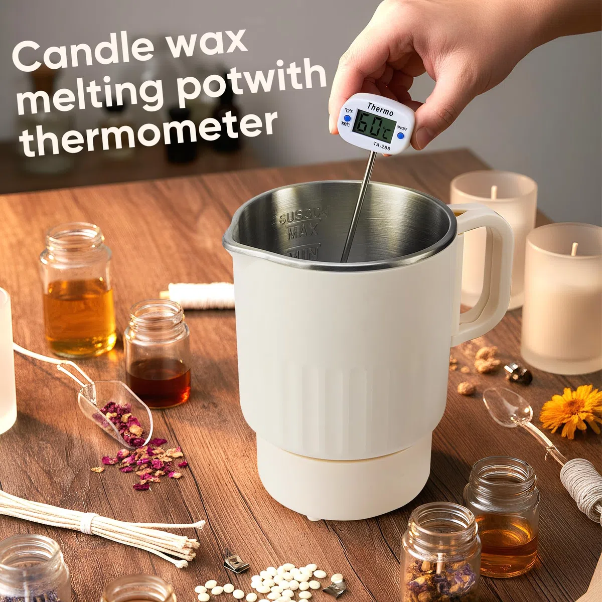 Nastopee Sciogli Cera per Candele Elettrico, Fusore di Cera per Realizzare Candele con 1L Pentola per Fusione Termometro Stoppino per Candele e Cucchiaio Set Candele Fai Da Te per Mescolare