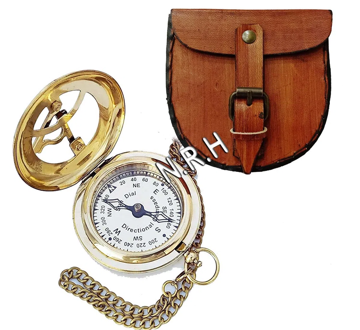 Bussola meridiana con finitura in ottone con cassa in pelle e catena, bussola a spinta aperta – accessorio Steampunk – bellissimo regalo fatto a mano – orologio meridiano