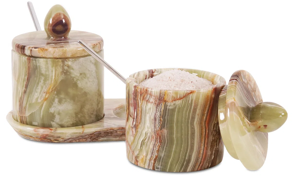 MARBLE RANGE Set di 2 contenitori per sale in marmo con coperchio e vassoio, 10 cm, in onice verde, fatti a mano, set di 2 barattoli per condimenti, contenitori per spezie per piano di lavoro