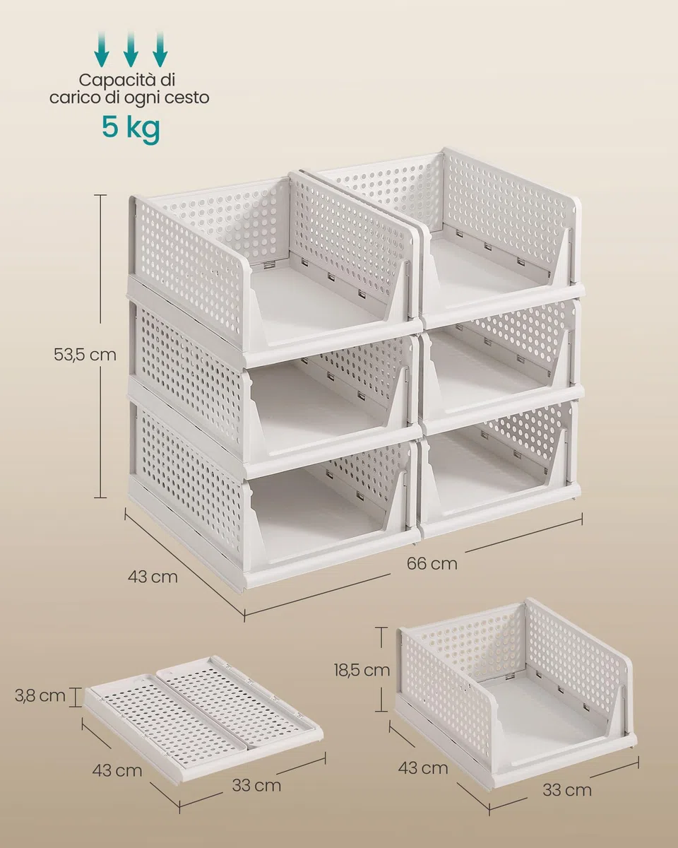 SONGMICS Organizer per Armadio Pieghevole, Set di 6 Organizzatori Cesti Impilabili Scorrevoli per Armadio, Cassetti in Plastica per Camera da Letto Ufficio Bagno, Bianco LPC600WZ01