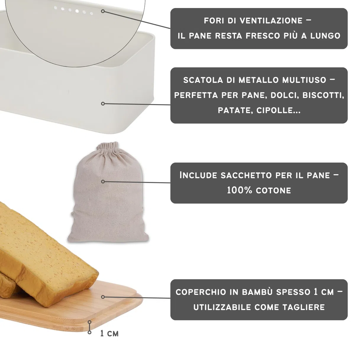 Porta pane da cucina con tapa in Bambù - Portapane moderno metallica con ventilazione, Contenitore Pane, Biscotti - Design Elegante, Include Sacchetto Cotone - 34x19x12.5 cm. - Bianco Opaco