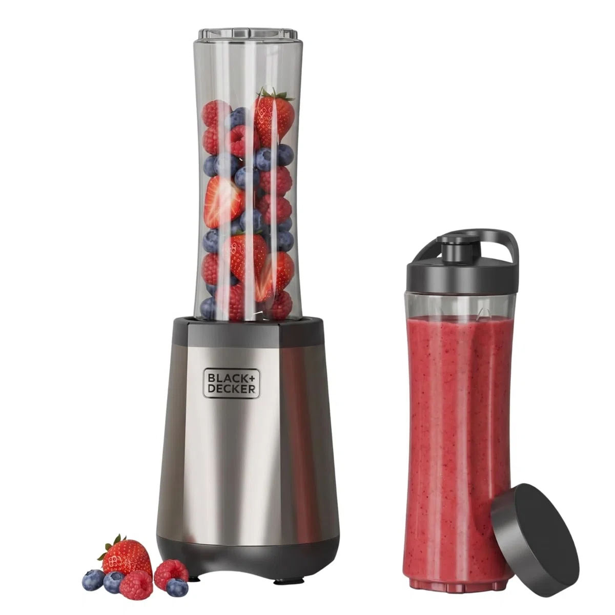 Black+Decker - frullatore personale + 500W | 600 ml | 2 bicchieri portatili | 4 lame inox 304 | trita ghiaccio | lavabile in lavastoviglie | base antiscivolo | finitura anti-impronte