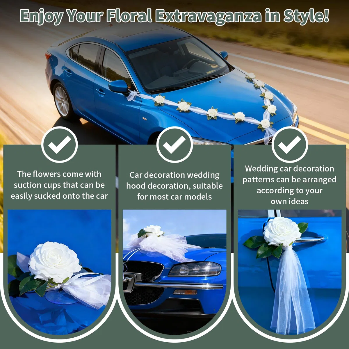 Decorazioni Auto Matrimonio 2 Nastri in Organza Bianca da 160 cm Kit Decorazione Auto Matrimonio con 9 Coccarde Decorazione per Auto Decorazione Forniture di Nozze