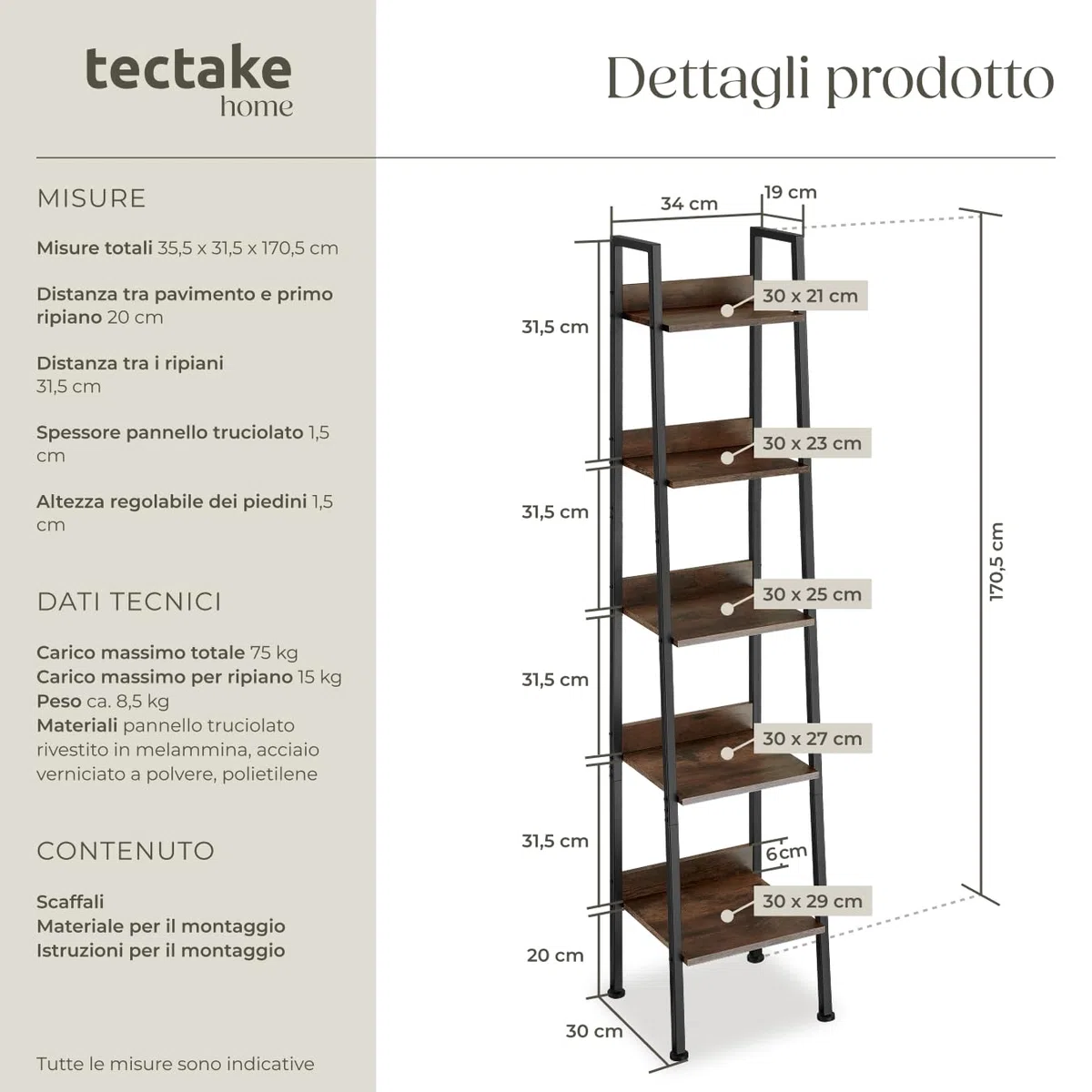 tectake® Scaffale a Scala, Libreria Verticale con 4 Ripiani, Struttura in Acciaio porta libri, Libreria Verticale, Facile Montaggio - 35,5 x 31,5 x 170 cm - Legno industriale scuro