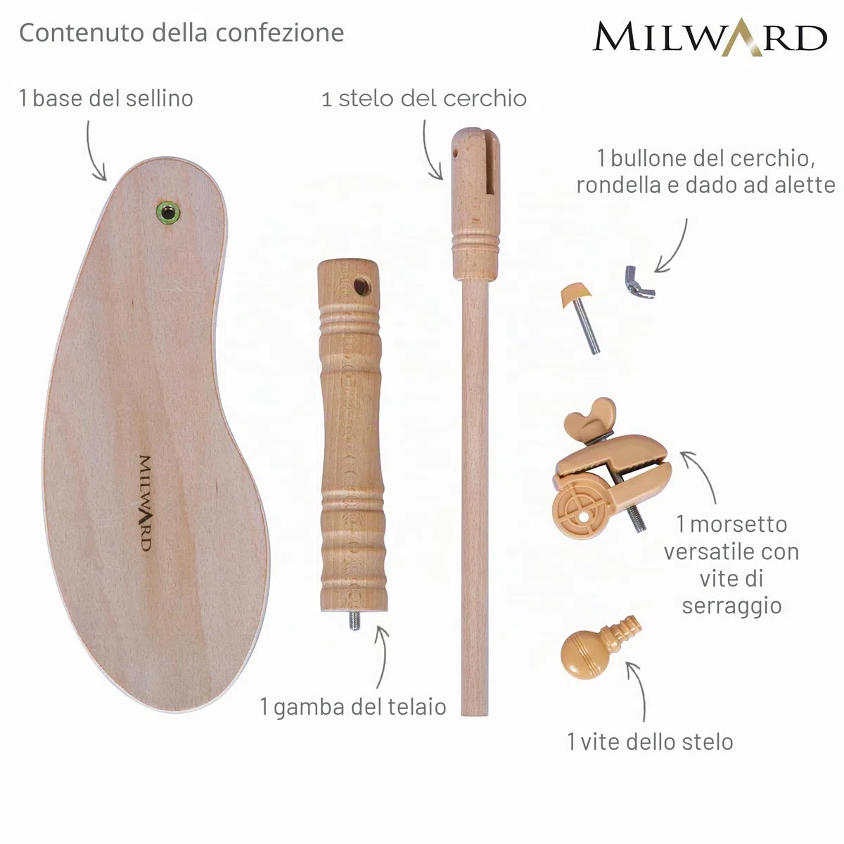 MILWARDS Telaio per sedile regolabile - a mani libere supporto per grembo, supporto per punto croce ruotabile, legno di faggio, con attacco a morsetto versatile