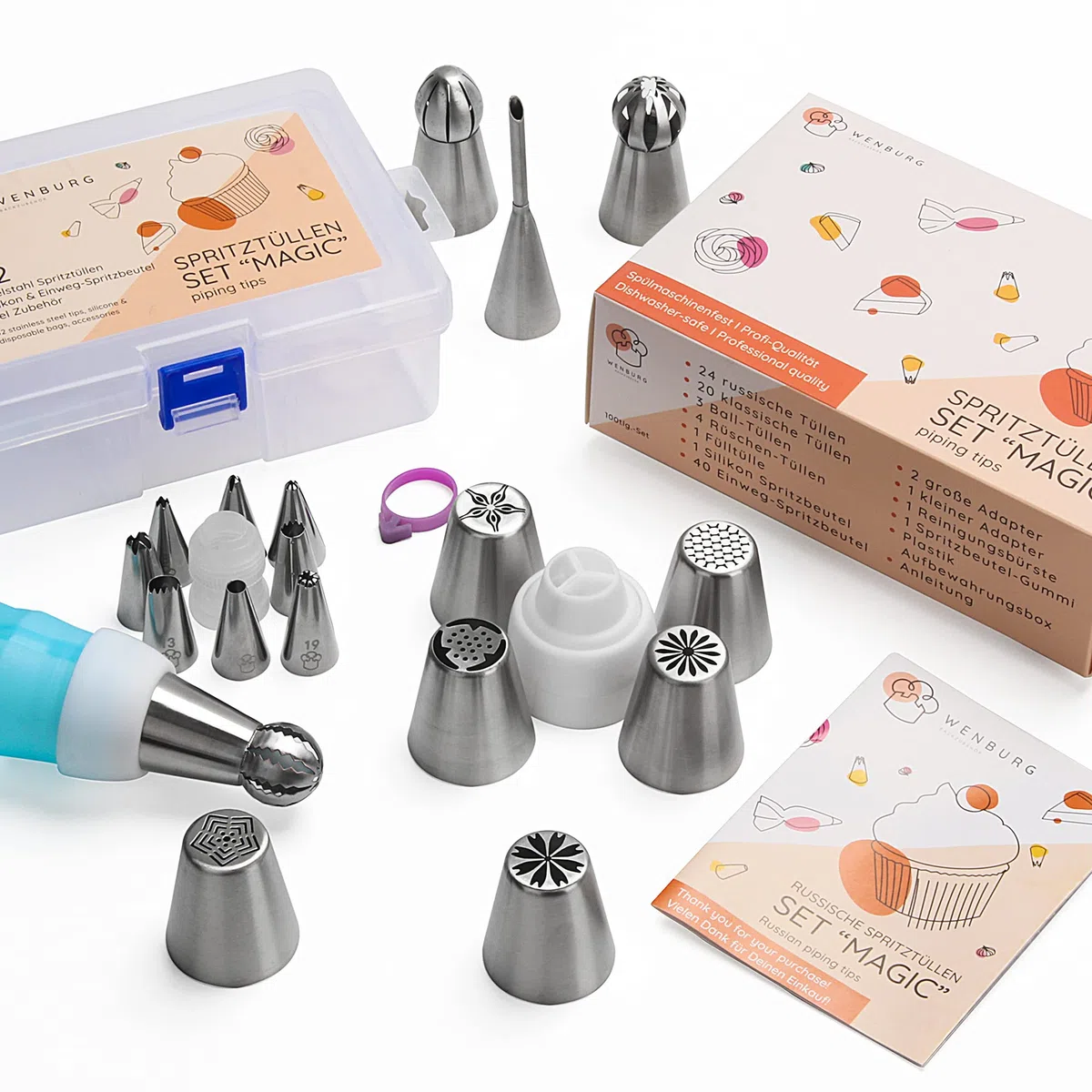 Wenburg Sac à poche con beccucci – 100 pezzi – Set di beccucci per torte in acciaio inox – Set professionale per gli ambiziosi hobbisti – Versatile