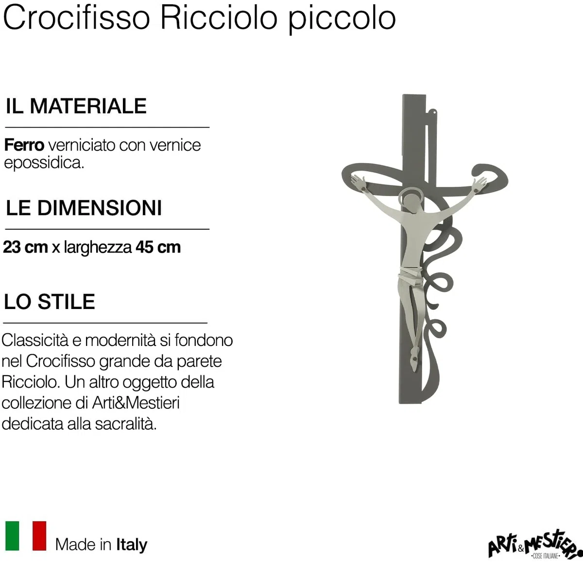 Arti & Mestieri Crocifisso Ricciolo piccolo di Design 100% Made in Italy - in Ferro, 23 x 45H cm (Fango e avorio)