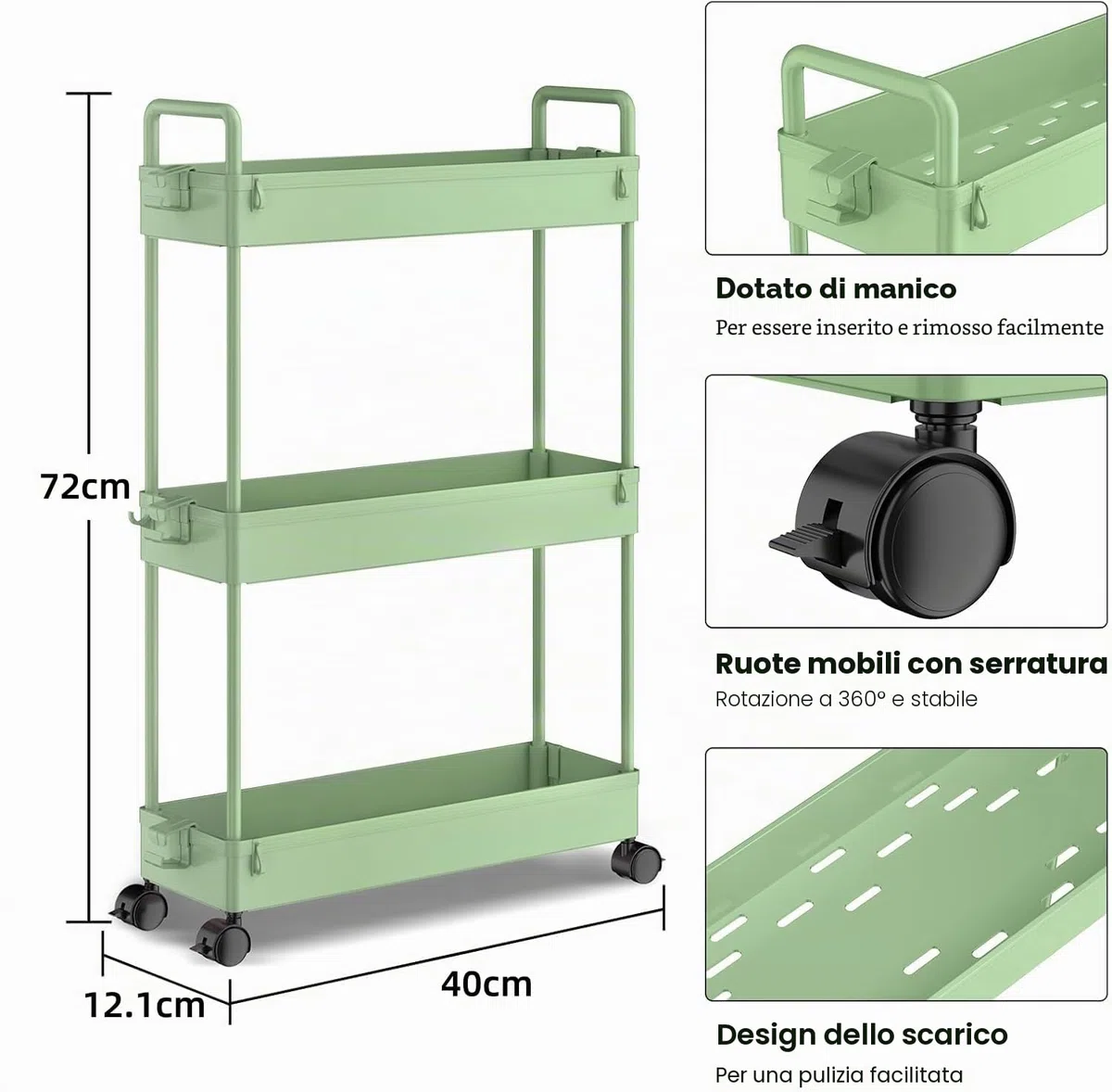 SOLEJAZZ Carrello portaoggetti a 3 ripiani, scorrevole, sottile, con rotelle, organizer per cucina, bagno, lavanderia, camera da letto, spazi stretti, plastica, verde