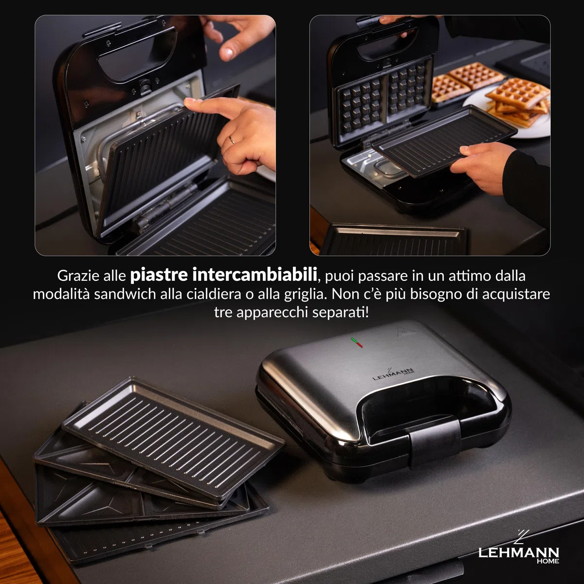 LEHMANN Sandwichmaker 3 in 1, Piastra Elettrica Multifunzione con Piastre Intercambiabili – Sandwich Maker con Piastra per Toast e Panini e Waffle, Preparazione Veloce, Antiaderenti