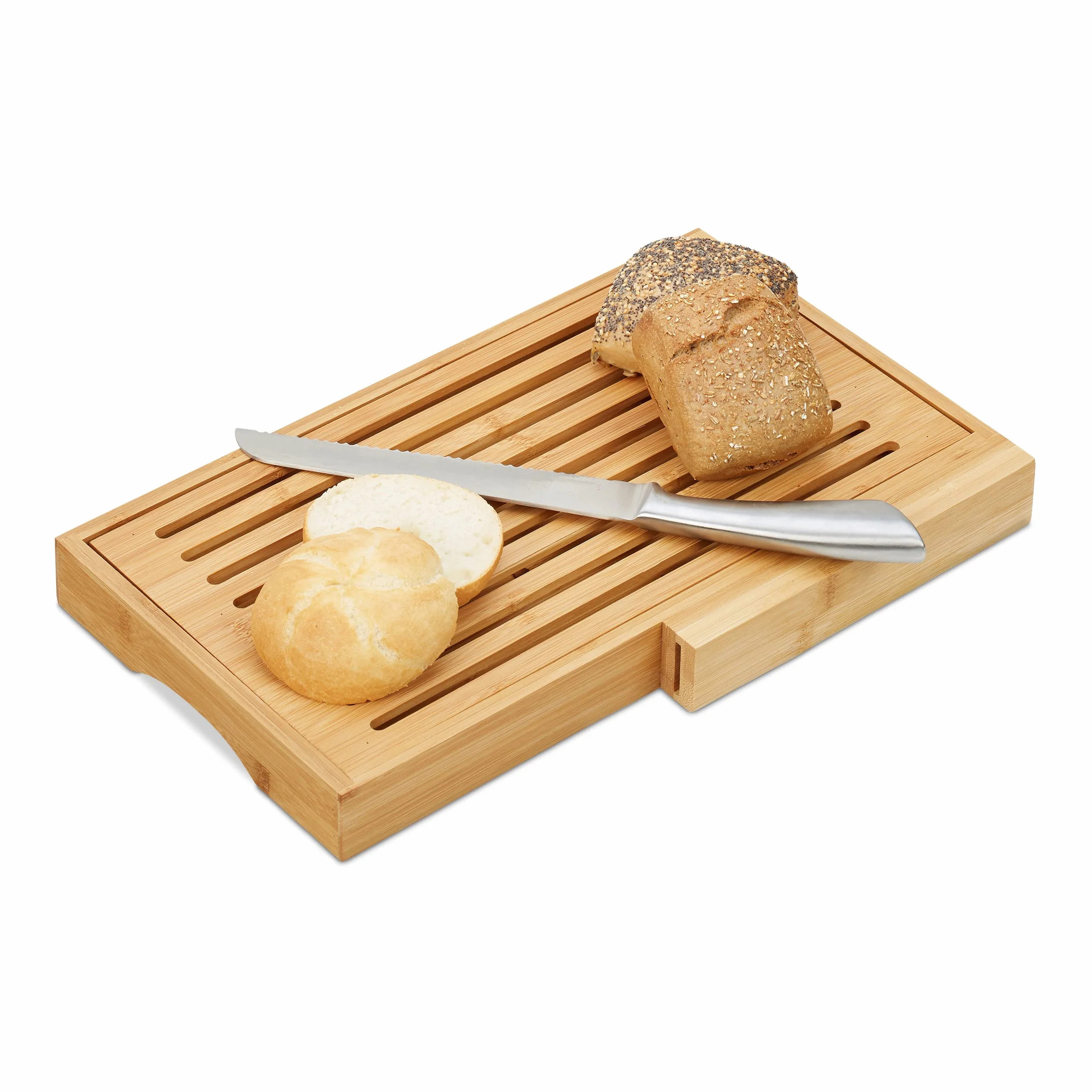 Relaxdays Tagliere per Pane, con Coltello in Acciaio Inox, Raccogli Briciole, Bambù, HLP 4x40x24 cm, Legno Naturale