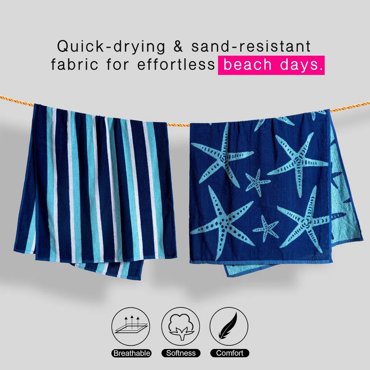 Casa Copenhagen Miami Teli da Spiaggia, Set Regalo da 2 Pezzi – Stelle Marine a Righe Blu Navy e Turchesi, Teli Piscina Extra-Large 75x150cm, 100% Cotone(Set Regalo Estivo Perfetto per Donne e Uomini)