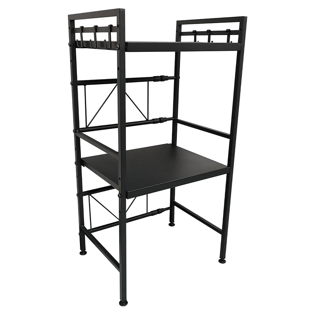 Shally Dogan Mensola Salvaspazio Estensibile Porta Microonde in Acciaio, Scaffale Cucina doppio con 2 ripiani Portaspezie, Mobile Organizer con Ganci e Piedini Antiscivolo, Design Moderno (Nero)