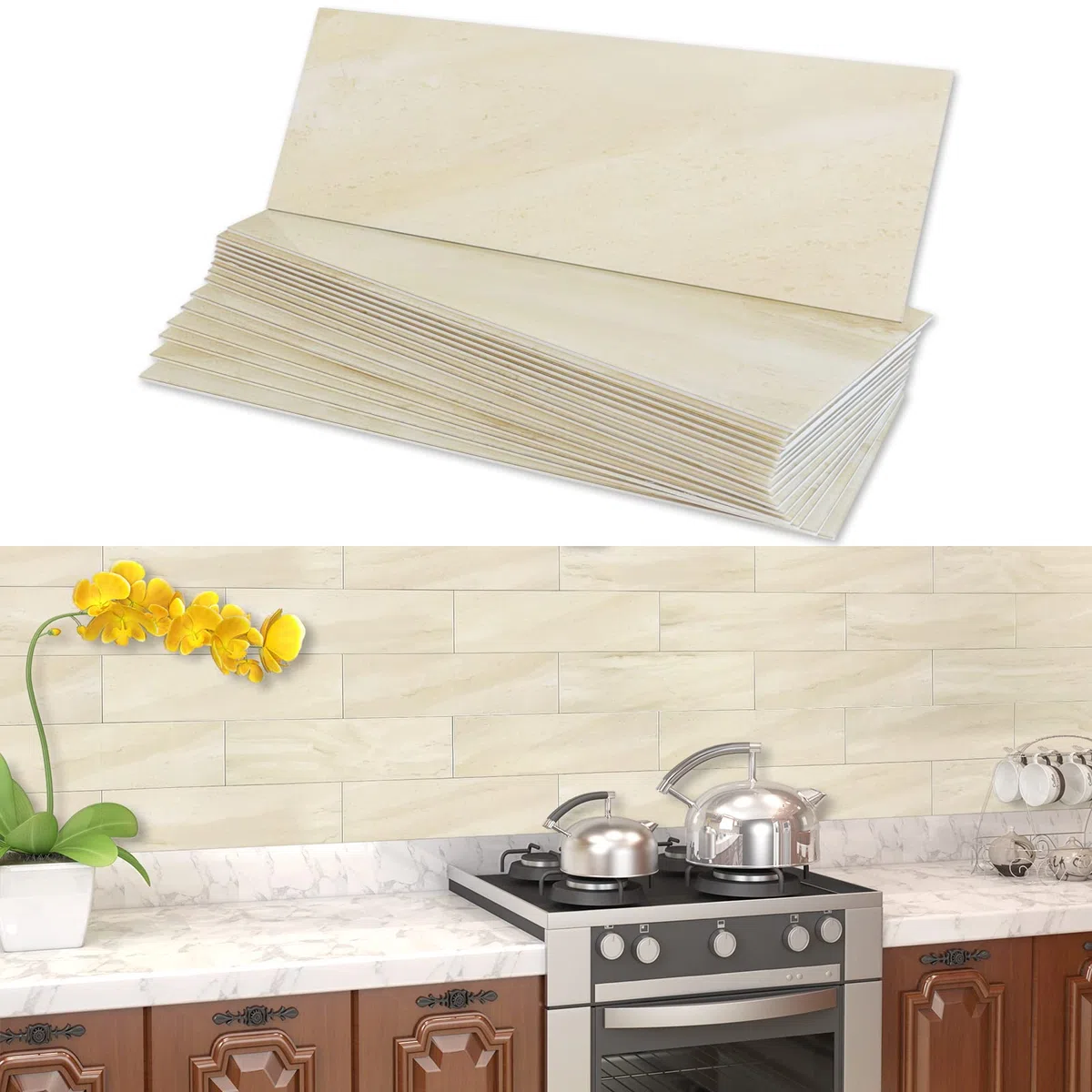 BeNice Piastrelle Autoadesive da Parete Effetto Marmo Subway Stickers, Paraschizzi per Cucina Bagno Pannelli Adesivi Individuali Grandi (16 piastrelle, Beige)