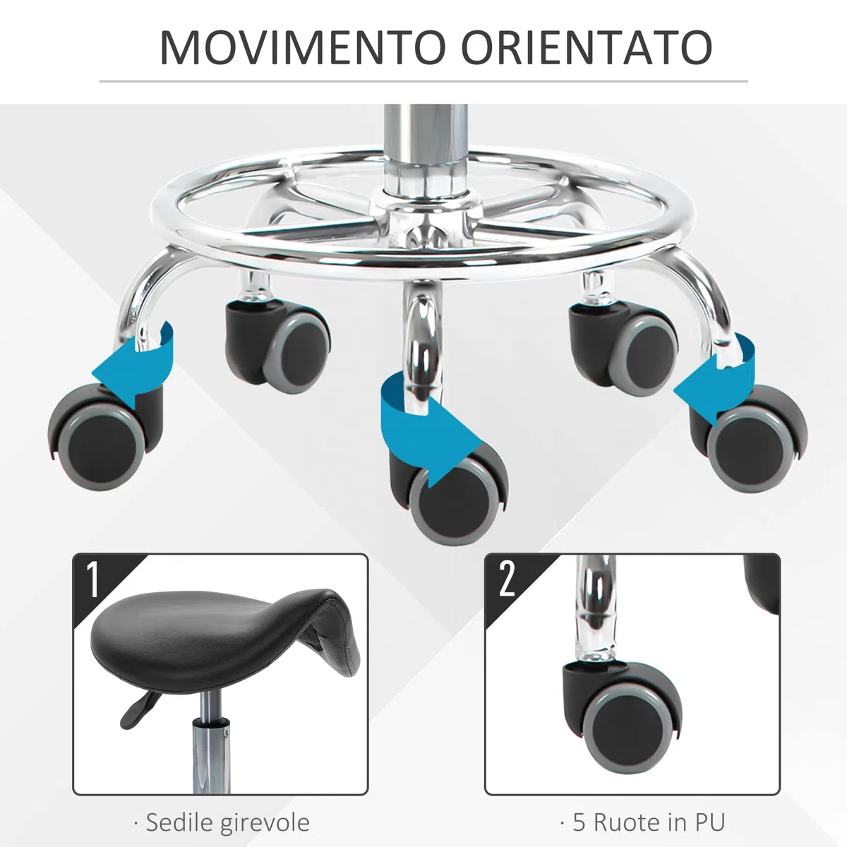 HOMCOM Sgabello con 5 Ruote, Sgabello Regolabile in Altezza, Seduta Ergonomica Imbottita in Gommapiuma, Design Moderno, Versatile, 36.5x37.5x51-66 cm, Nero