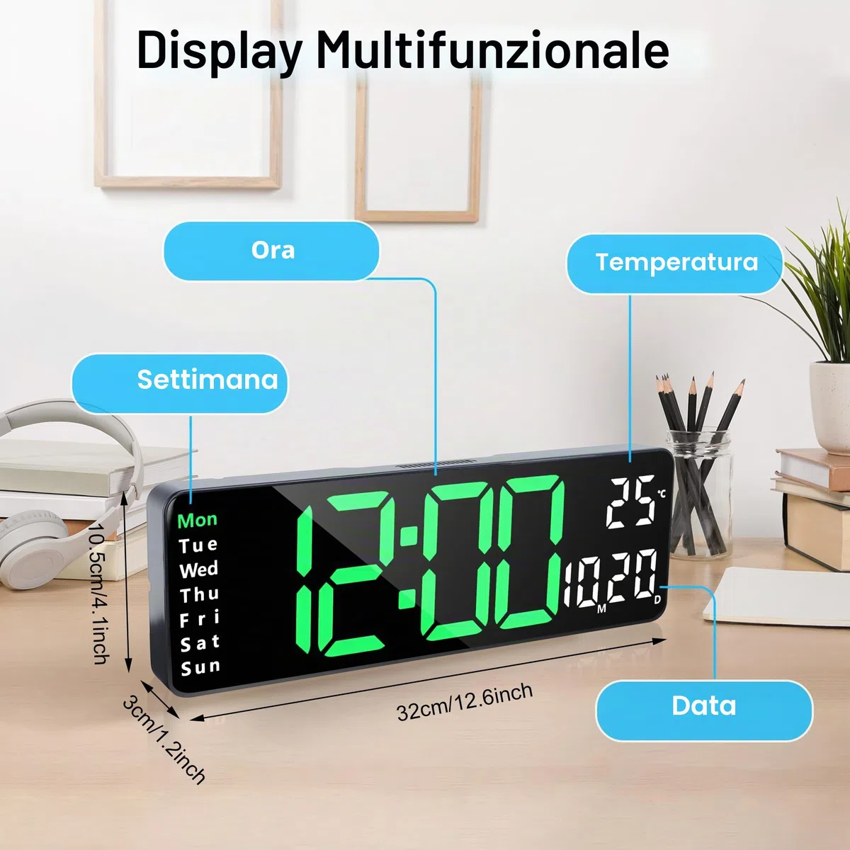 Lafocuse Orologio da Parete Digitale Grande LED Display, 13" Facile da Leggere con Telecomando,Temperatura,Calendario,2 Allarme,Luminosità Regolabile,12/24 Ore per Soggiorno Cucina Ufficio, Verde