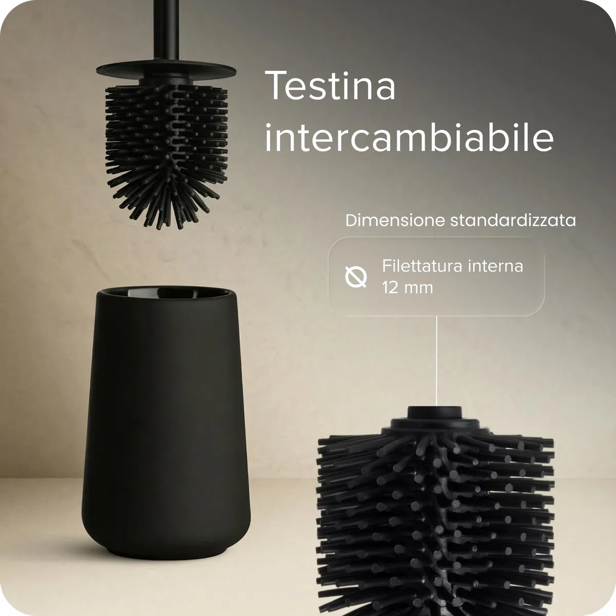 Black Sweden Home Set Bagno Accessori Completo - Ceramica di Alta Qualità - Dispenser Sapone, 2 Bicchieri, Spazzola WC Rimovibile - Design Nordico Nero Opaco con Rivestimento in Gomma - 4 pezzi