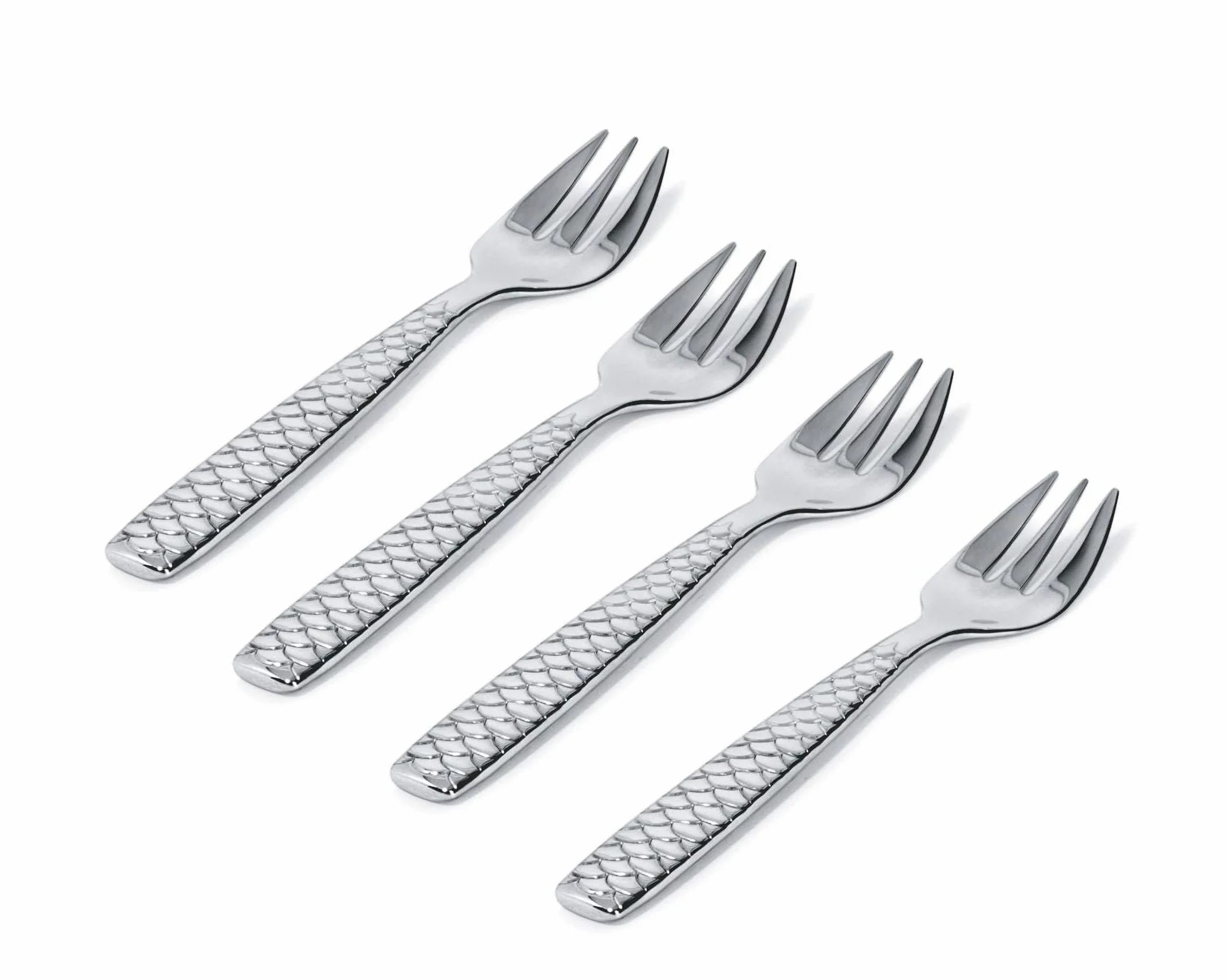 Alessi FM23/36S4 Colombina Fish, Set di Quattro Forchettine per Ostriche e Molluschi in Acciaio Inossidabile 18/10, Colore: Argento, Finitura Lucida, 4 unità