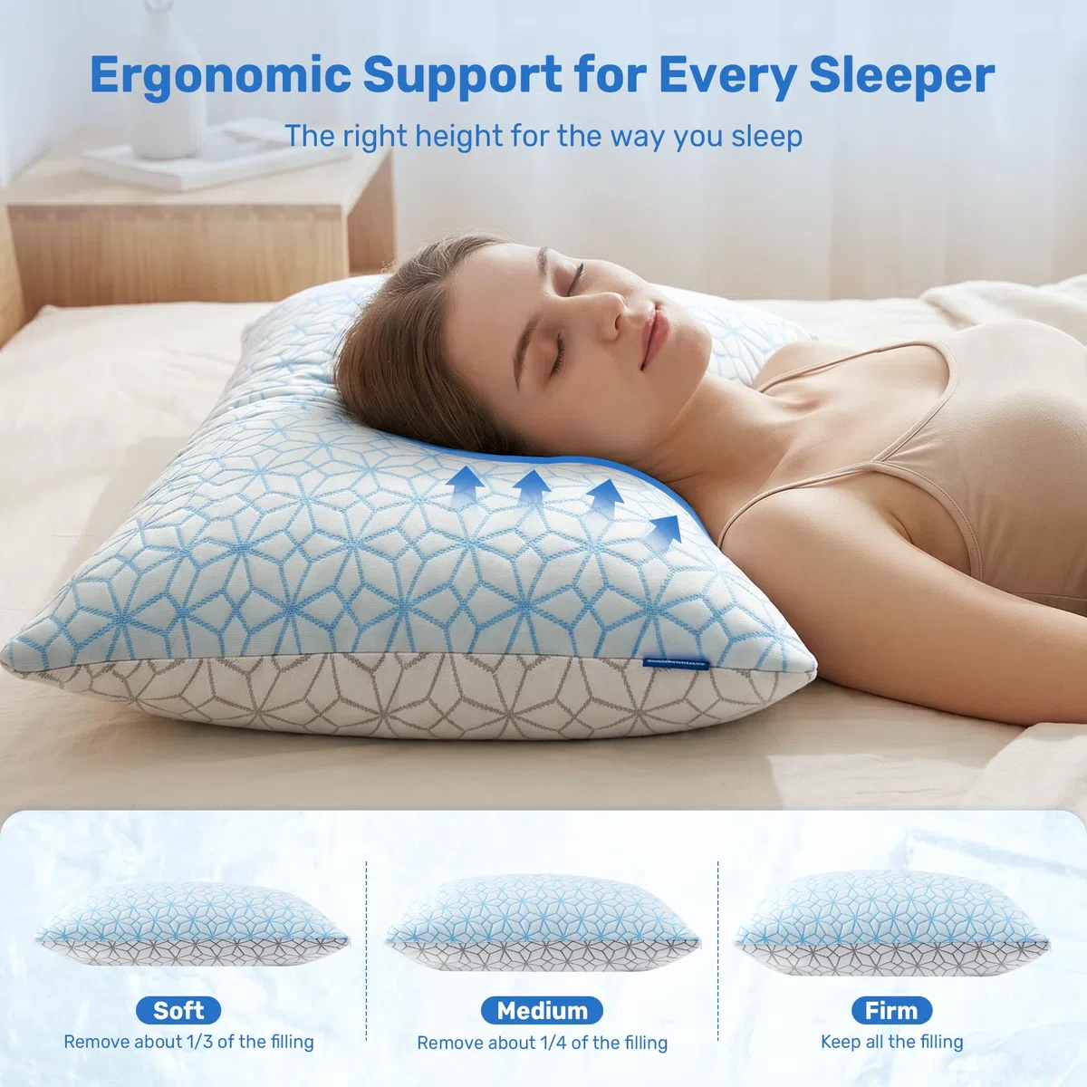 UNIKOME Cuscino rinfrescante per sudorazione notturna, memory foam regolabile a forma di strisce, in gel, traspirante) per supporto cervicale, lavabile in lavatrice, 40 x 60 cm, blu, 1 pezzo