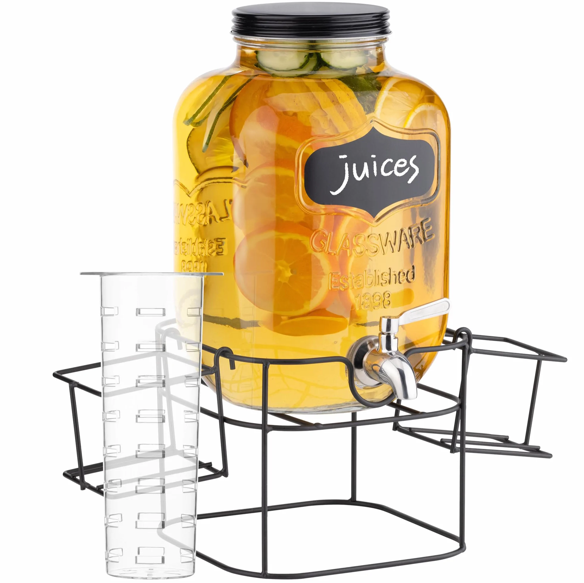 Navaris Dispenser per Bevande in Vetro 5 Litri - Distributore Acqua con Rubinetto e Supporto in Ferro - Drink Dispenser per Bibite Fredde - Set con Portabicchieri Laterali