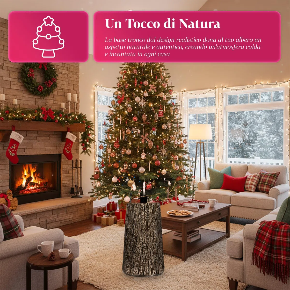 Avilia – Base Albero di Natale XXL da 52,5 cm a Forma di Tronco Effetto Legno Realistico, Ø Aggancio 3,7xH7 cm, Supporto Robusto e Decorativo per Alberi da 120 a 210 cm Stabili e Sicuri