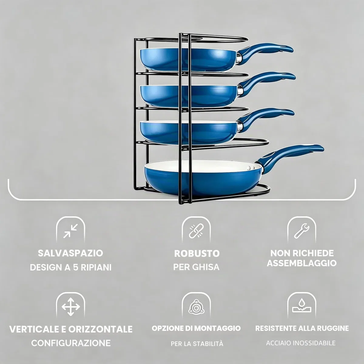 Organizer per pentole e pentole resistenti a 5 ripiani per conservare padelle in ghisa piastre e pentole poco profonde struttura in acciaio resistente salvaspazio per la cucina