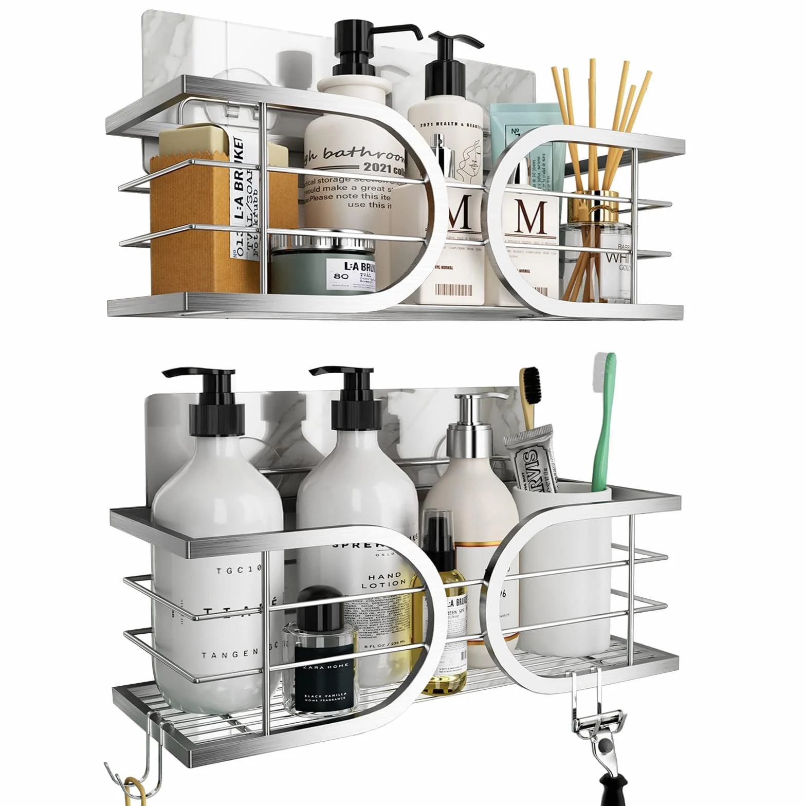 Mensola Doccia Adesiva Portaoggetti Doccia con Ganci 304 Acciaio Inox Resistente alla Ruggine per Shampoo, Spugne, Rasoi 2 Pezzi(Argento)