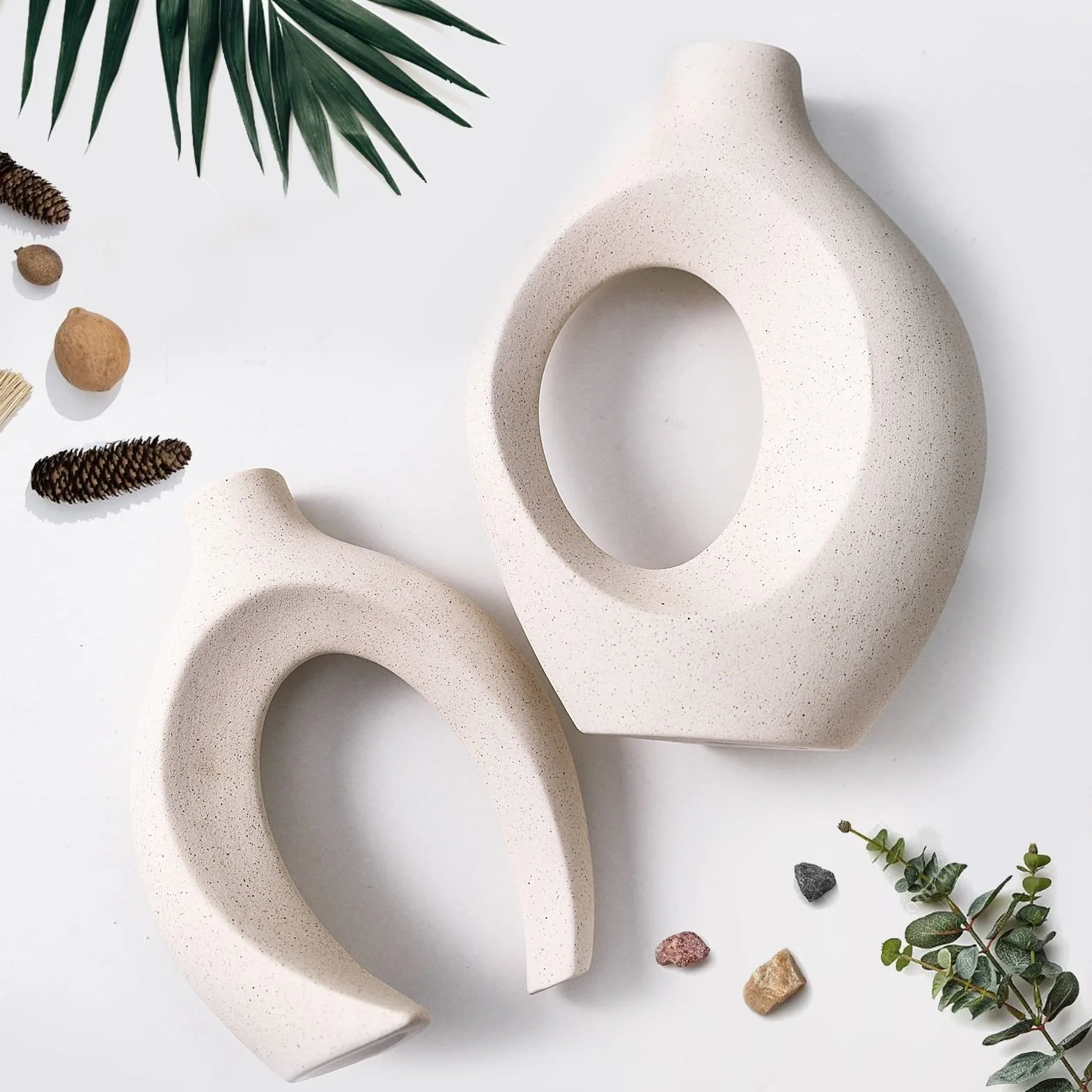 Set di 2 Vaso Cavi in Ceramica, Vaso Decorativo da Interno Moderno Beige per Nordico, Arredamento Casa Vasi di Fiori Estetici Boho Rotondi per Casa, Decorazioni Casa Vase, Beige