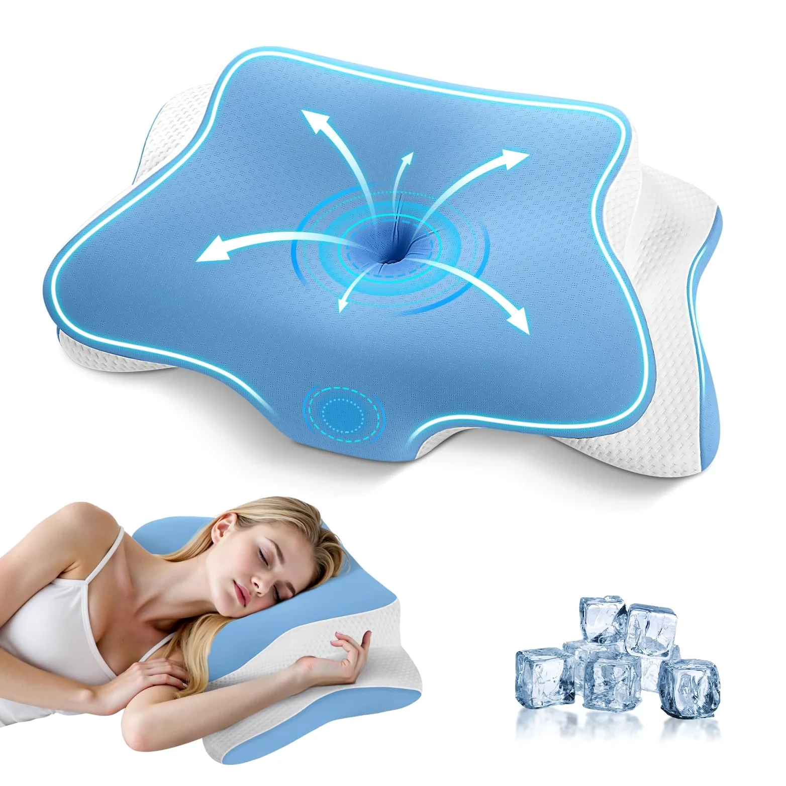 A-Pce Cuscino Cervicale Memory Foam, Cuscino Ortopedico Ergonomico per Dolori al Collo e alle Spalle, Cuscini per Dormire sul Fianco Rinfrescante con Fodera in Seta di Ghiaccio Lavabile, Blu