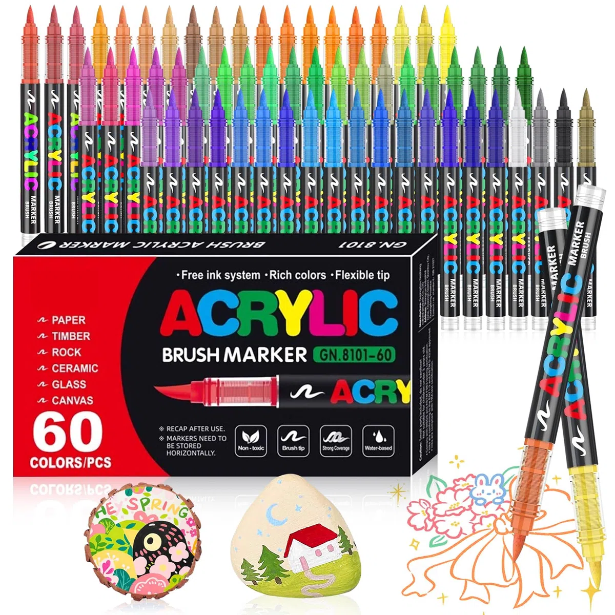 Pennarelli Acrilici, 60 Colori Acrylic Marker, Acrilici Brush Pen Marker per Colorazione, Calligrafia, Pittura, Legno, Vetro, Plastic, Tessuti, Sassi, Ceramica