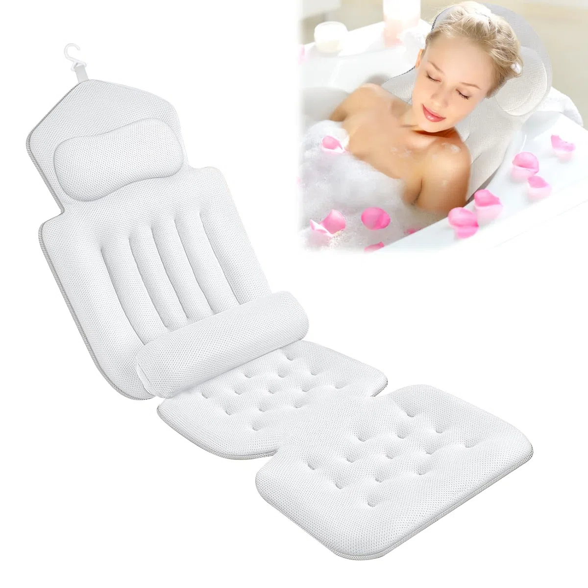 Cuscino per vasca da bagno intero con cuscino cervicale e lombare, tappetino per vasca da bagno con poggiatesta sostiene collo e schiena per il relax quotidiano e alleviare lo stress, bianco