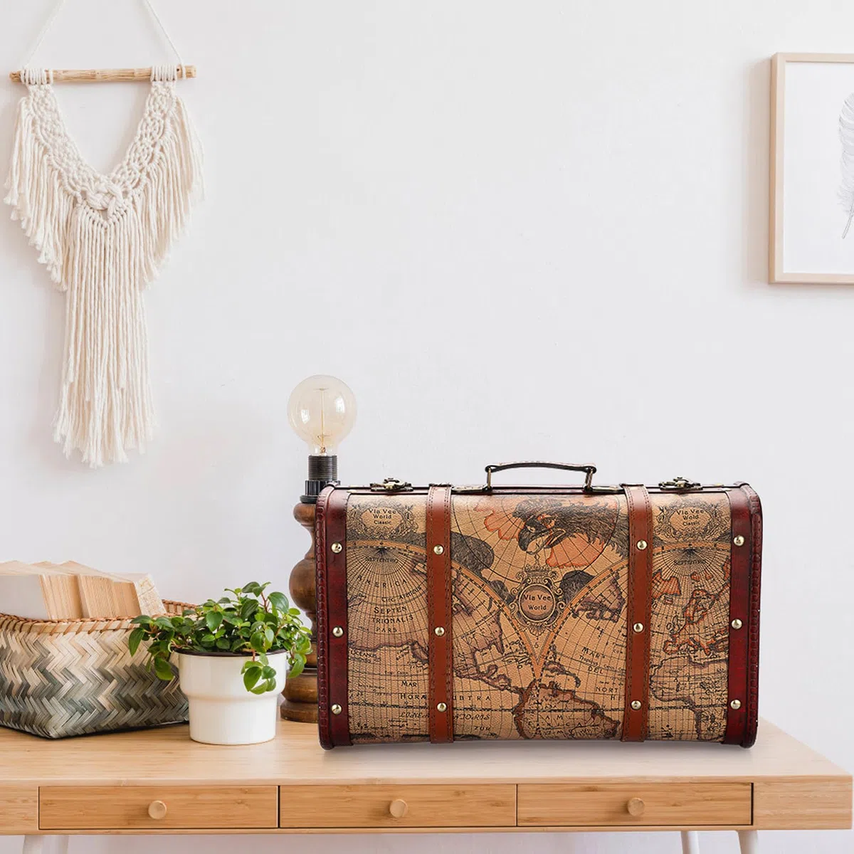 Scatola di Legno Vintage in Pelle Valigetta Bagagli con Manico a Mano, 38 x 23 x 14 cm, Scrigno Multiuso del Tesoro Valigetta per Ornamento, Regali di Denaro, Viaggi, Fotografia, Compleanni