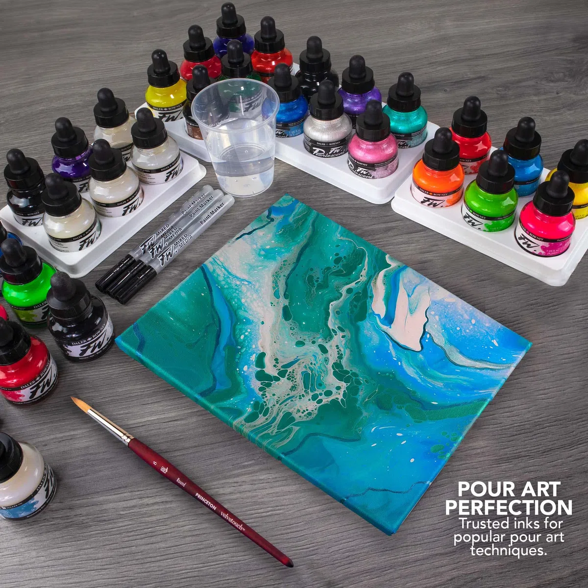 Daler Rowney FW, set di inchiostri acrilici florescenti 6 flaconi da 29,5 ml e 1 marcatore