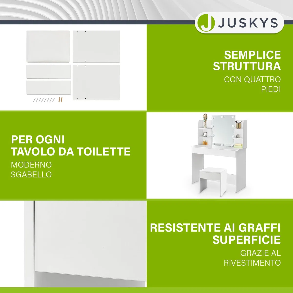 Juskys Tavolo da Trucco Sgabello Melly, sgabello in legno con cuscino imbottito e rivestimento in pelle sintetica, moderno 40 x 30 x 43 cm in bianco